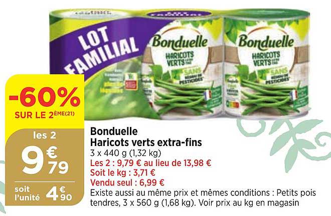 bonduelle haricots verts extra-fins -60% sur le 2ème