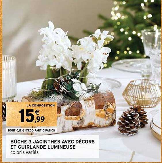 bûche 3 jacinthes avec décors et guirlande lumineuse