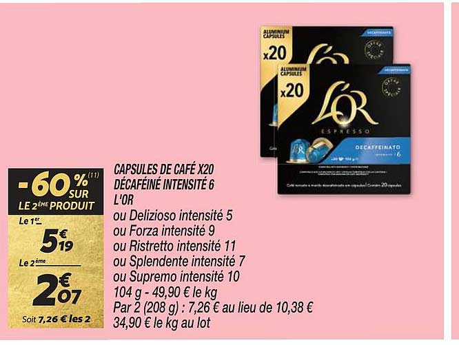 capsules de café x20 décaféiné intensité 6 l'or