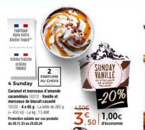 caramel et morceaux d'amande caramélisés, vanille et morceaux de biscuit cacaoté