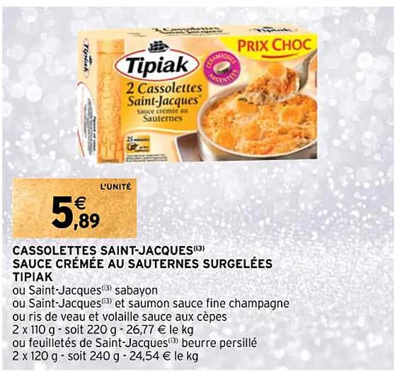 cassolettes saint-jacques sauce crémée au sauternes surgelées tipiak