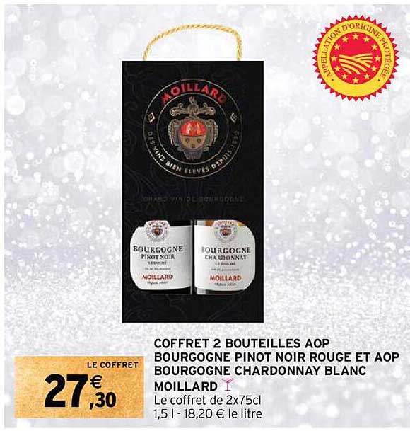 coffret 2 bouteilles aop bourgogne pinot noir rouge et aop bourgogne chardonnay blanc moillard