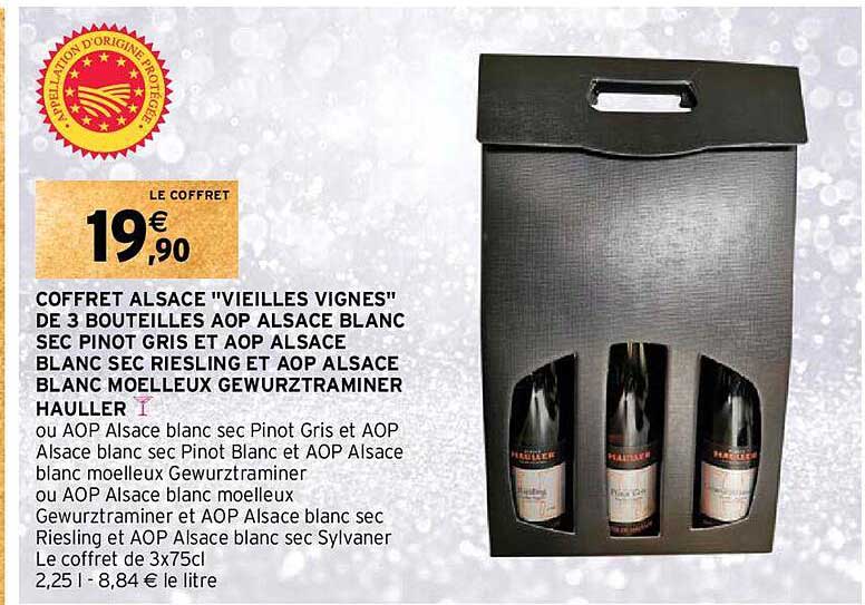 coffret alsace "vieilles vignes" de 3 bouteilles aop alsace blanc sec pinot gris et aop alsace blanc sec riesling et aop alsace blanc moelleux gewurztraminer hauller