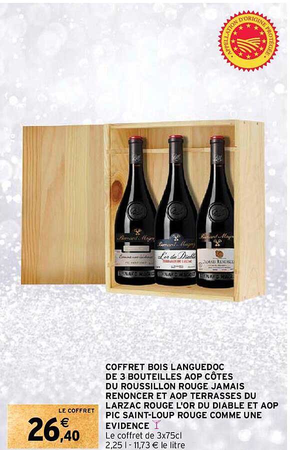 coffret bois languedoc de 3 bouteilles aop côtes du roussillon rouge jamais renoncer et aop terrasses du larzac rouge l'or du diable et aop pic saint-loup rouge comme une évidence