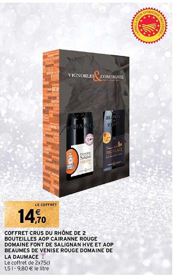 coffret crus du rhône de 2 bouteilles aop cairanne rouge domaine font de salignan hve et aop beaumes de venise rouge domaine de la daumace