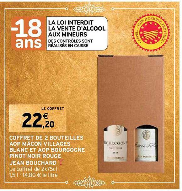 coffret de 2 bouteilles aop mâcon villages blanc et aop bourgogne pinot noir rouge jean bouchard
