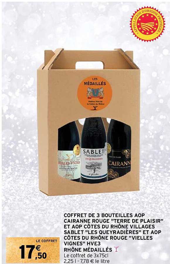 coffret de 3 bouteilles aop cairanne rouge "terre de plaisir" et aop côtes du rhône villages sablet "les queyradières" et aop côtes u rhône rouge "vielles vignes" hve3 rhône médaillés