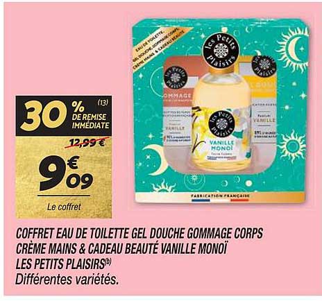 coffret eau de toilette gel douche gommage corps crème mains & cadeau beauté vanille monoï les petits plaisirs