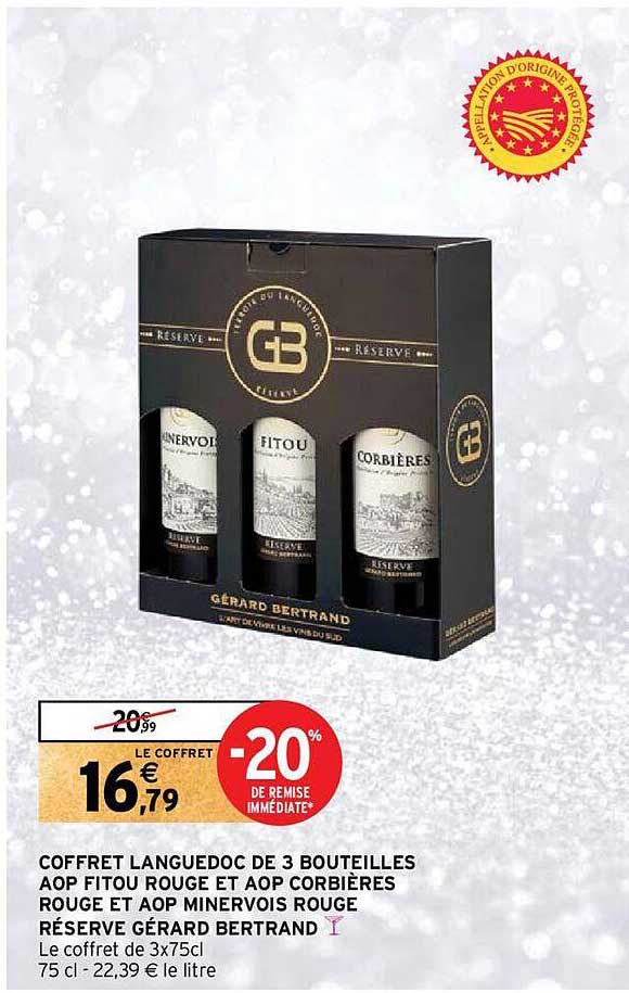coffret languedoc de 3 bouteilles aop fitou rouge et aop corbières rouge et aop minervois rouge réserve gérard bertrand