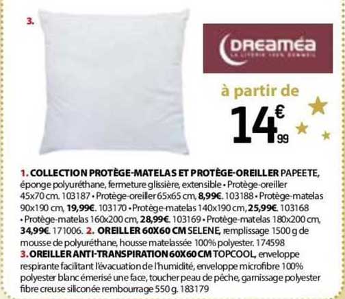 Collection Protège-matelas Et Protège-oreiller Papeete, Oreiller 60 X 60 Cm Selene, Oreiller Anti-transpiration 60 X 60 Cm Topcool