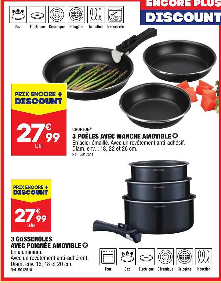 Crofton 3 Poêles Avec Manche Amovible 3 Casseroles Avec Poignées Amovible