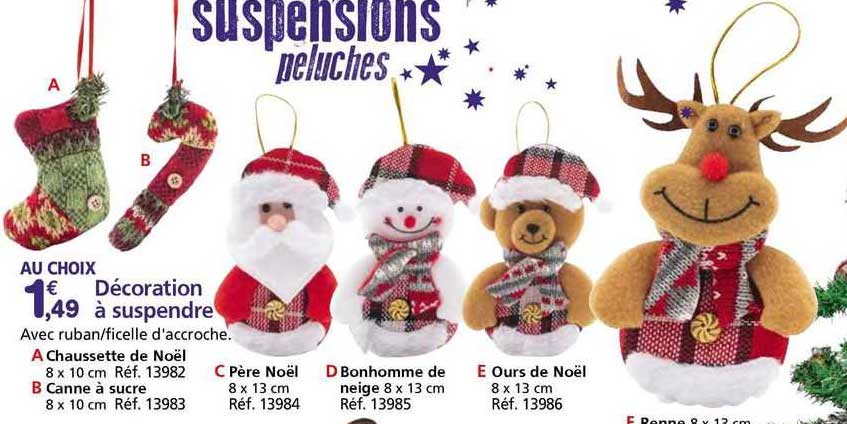 décoration à suspendre : chaussette de noël, canne à sucre, père de noël, bonhomme de neige, ours de noël