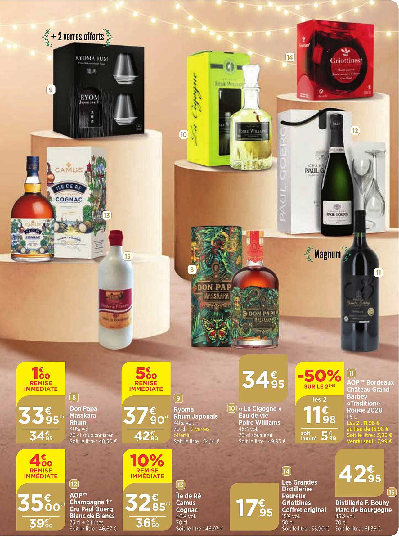 don papa masskara rhum, aop champagne 1er cru paul goerg blanc de blancs, ryoma rhum japonais, île de ré camus cognac, "la cigogne" eau de vie poire williams, les grandes distilleries peureux griottin
