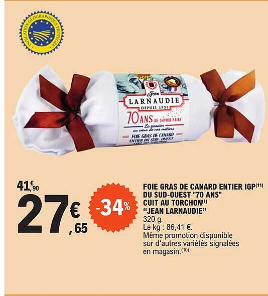 foie gras de canard entier igp du sud-ouest 70 ans cuit au torchon "jean larnaudie"