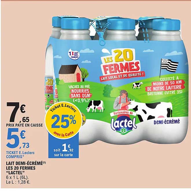 lait demi-écrémé les 20 fermes "lactel"