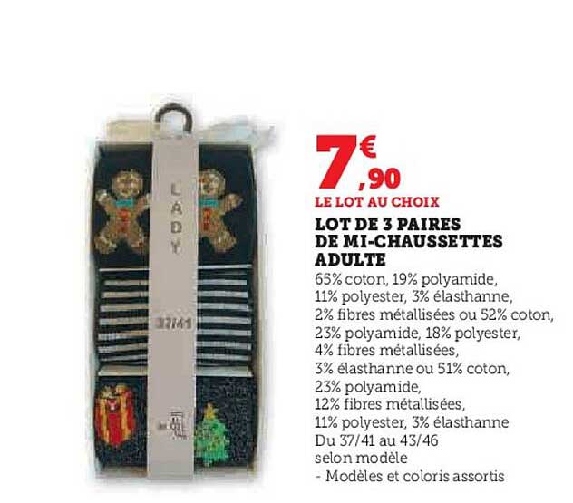 lot de 3 paires de mi-chaussettes adulte