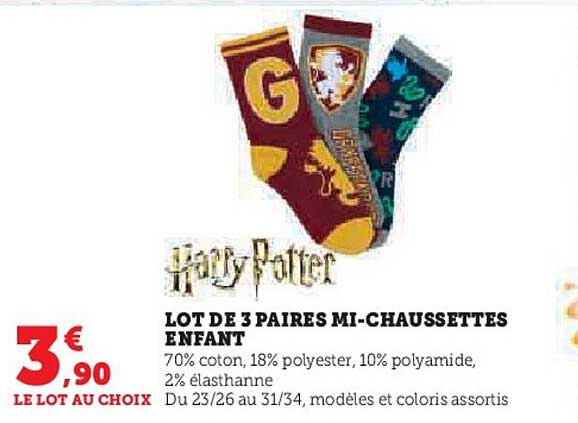 lot de 3 paires mi-chaussettes enfant harry potter