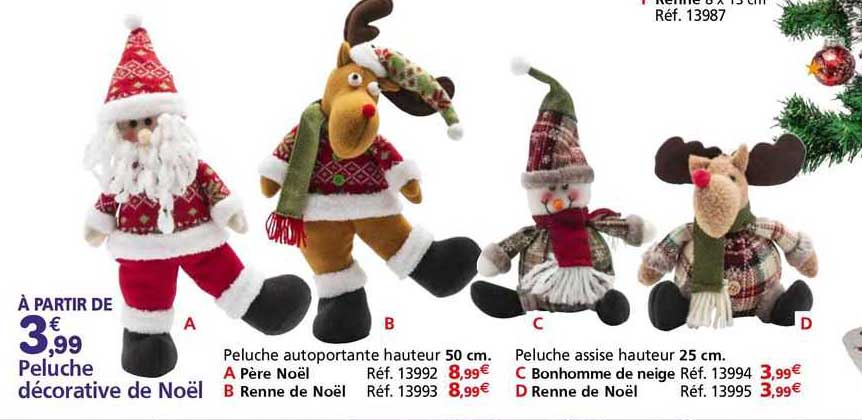peluche décorative de noël : père noël, renne de noël, bonhomme de neige, renne de noël