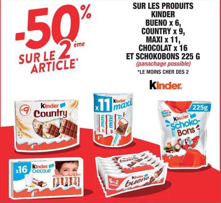 produits kinder bueno x6, country x9, maxi x11, chocolat x16 et schokobons 225 g