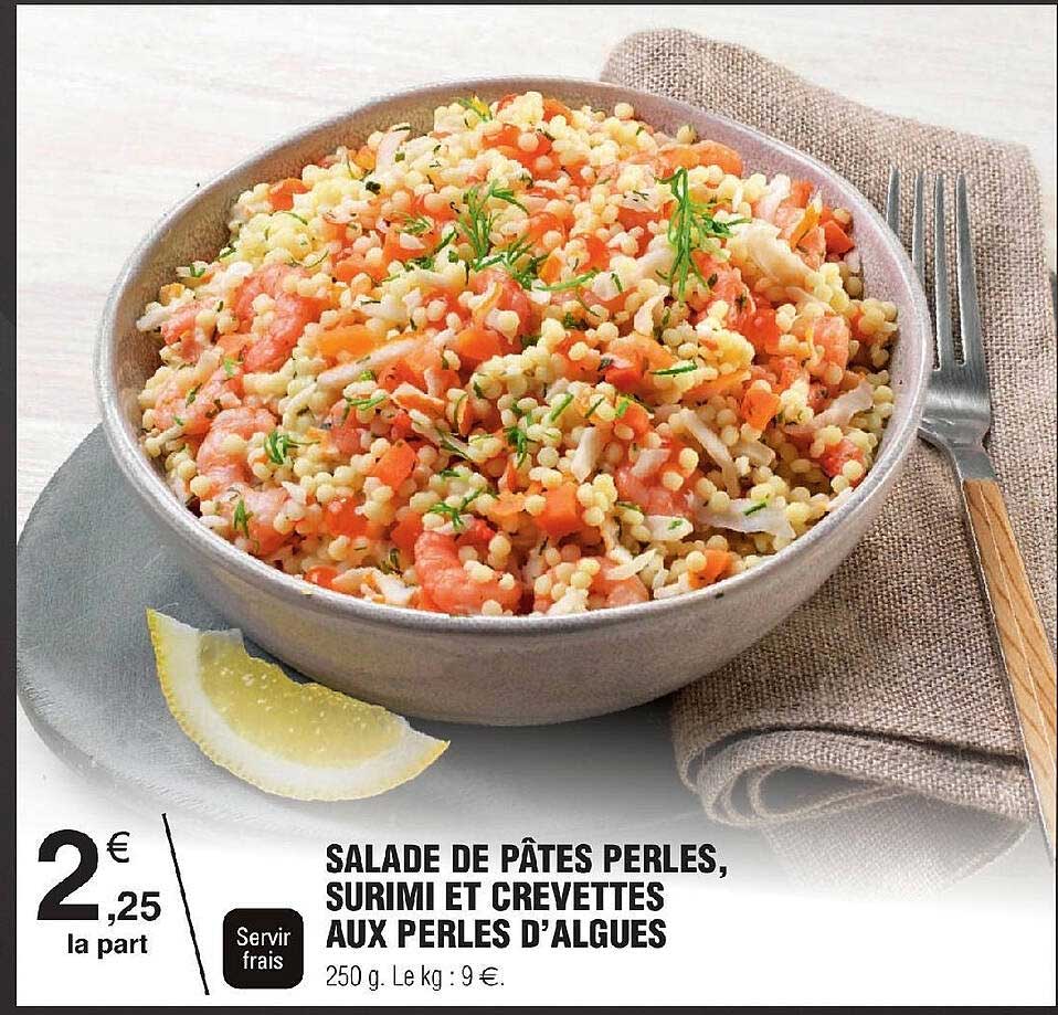 salade de pâtes perles, surimi et crevettes aux perles d'algues