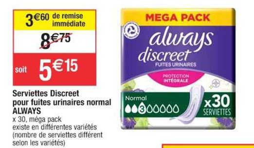 serviettes discreet pour fuites urinaires normal always