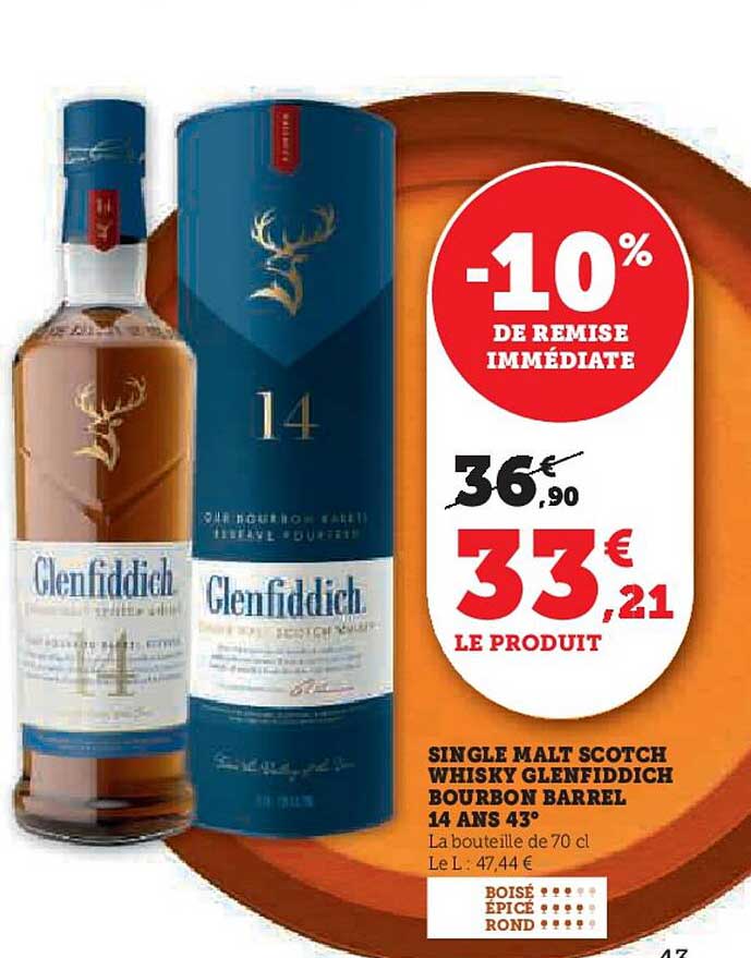 single malt scotch whisky glenfiddich bourbon barrel 14 ans 43° -10% de remise immédiate