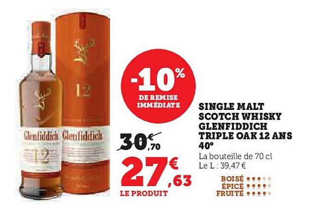 single malt scotch whisky glenfiddich triple oak 12 ans 40° -10% de remise immédiate