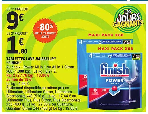 tablettes lave-vaisselle "finish" -80% sur le 2e produit acheté