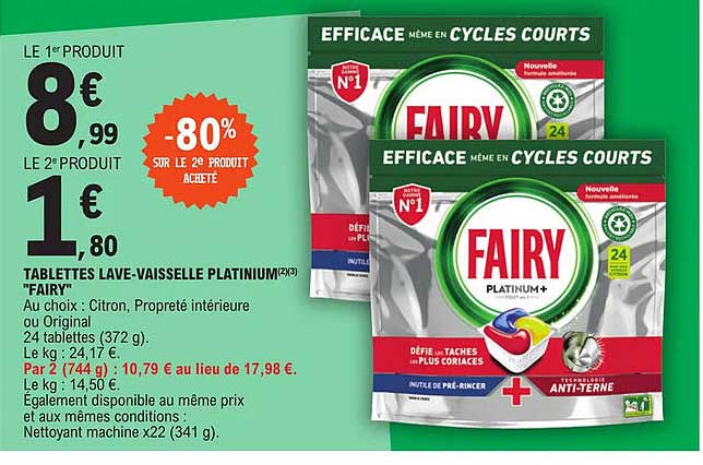 tablettes lave-vaisselle platinium "fairy" -80% sur le 2e produit acheté