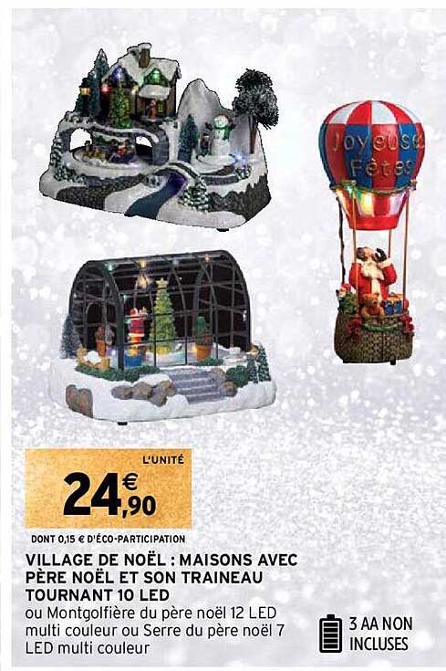 village de noël : maison avec père noël et son traîneau tournant 10 led