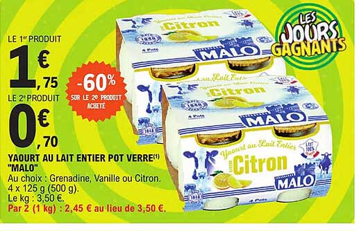 Yaourt Au Lait Entier Pot Verre "malo" -60% Sur Le 2e Produit Acheté