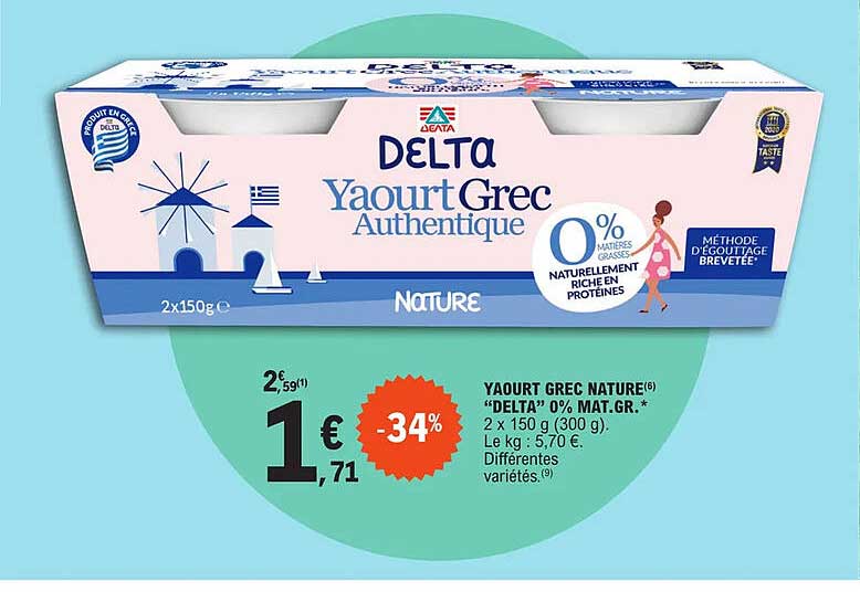 yaourt grec nature "delta" 0% mat. gr.