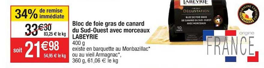 bloc de foie gras de canard du sud-ouest avec morceaux labeyrie
