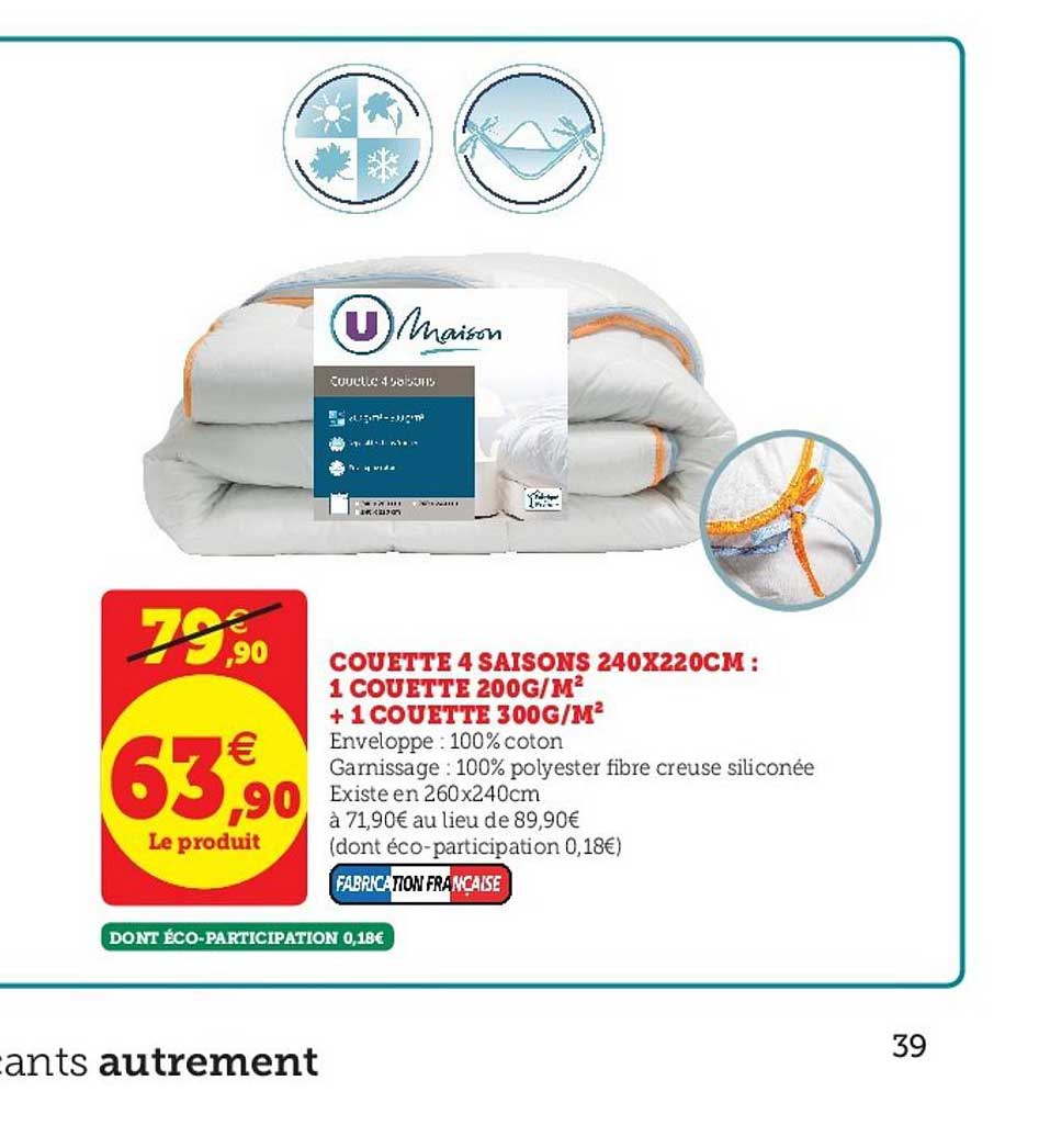 couette 4 saisons 240x200cm 1 couette 200g m2 + 1 couette 300g m2
