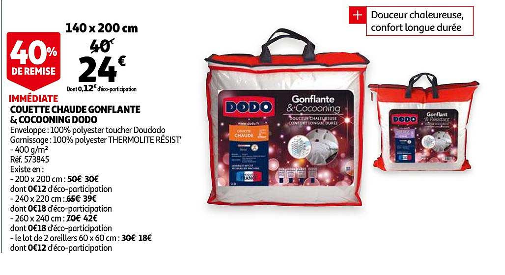 couette chaude gonflante & cocooning dodo 40% de remise immédiate