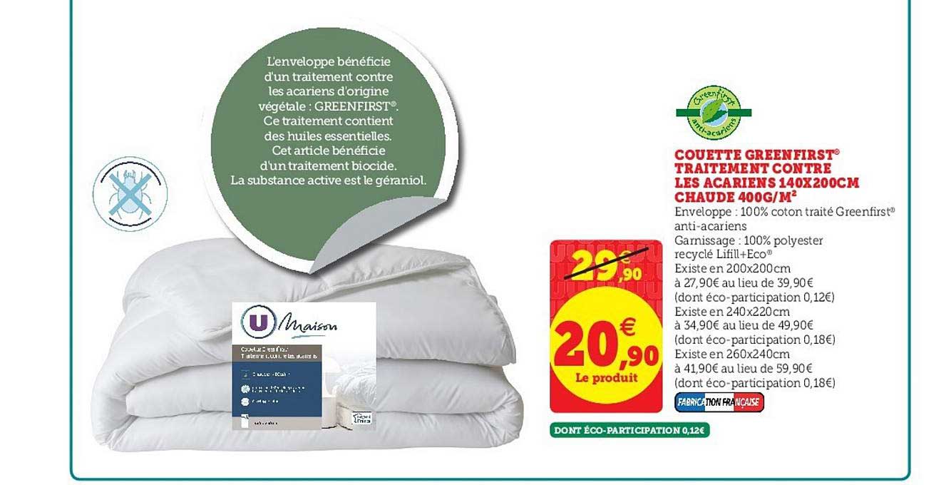 couette greenfirst traitement contre les acariens 140x200cm chaude 400g m2