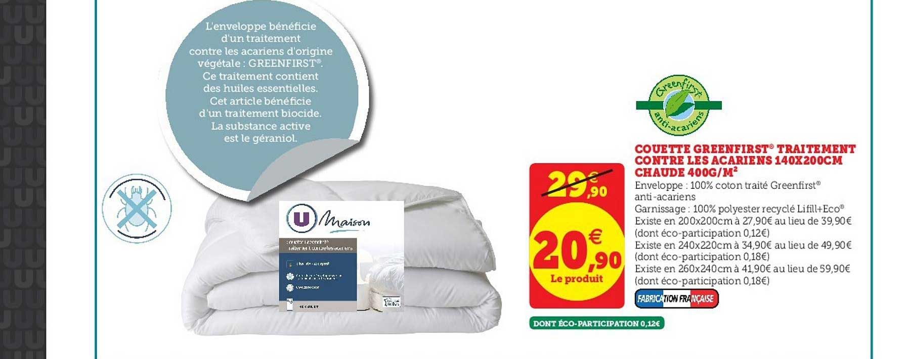 couette greenfirst traitement contre les acariens 140x200cm chaude 400g m2