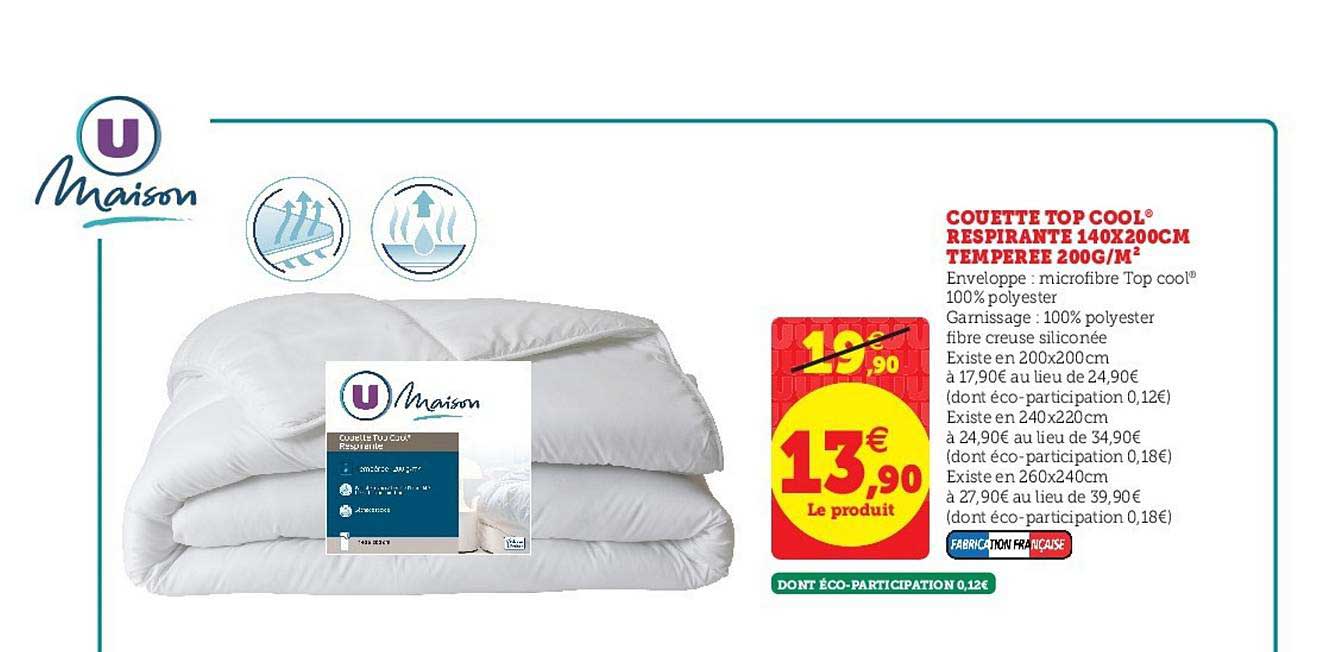 couette top cool respirante 140x200cm temperée 200g m2