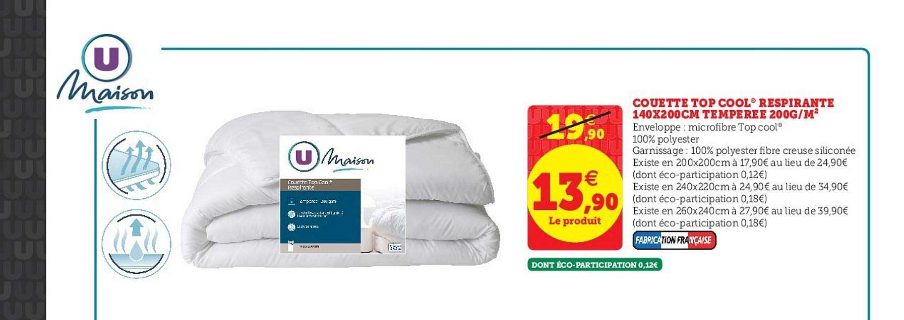 couette top cool respirante 140x200cm temperée 200g m2