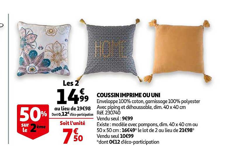 Coussin Imprimé Ou Uni 50% Sur Le 2ème