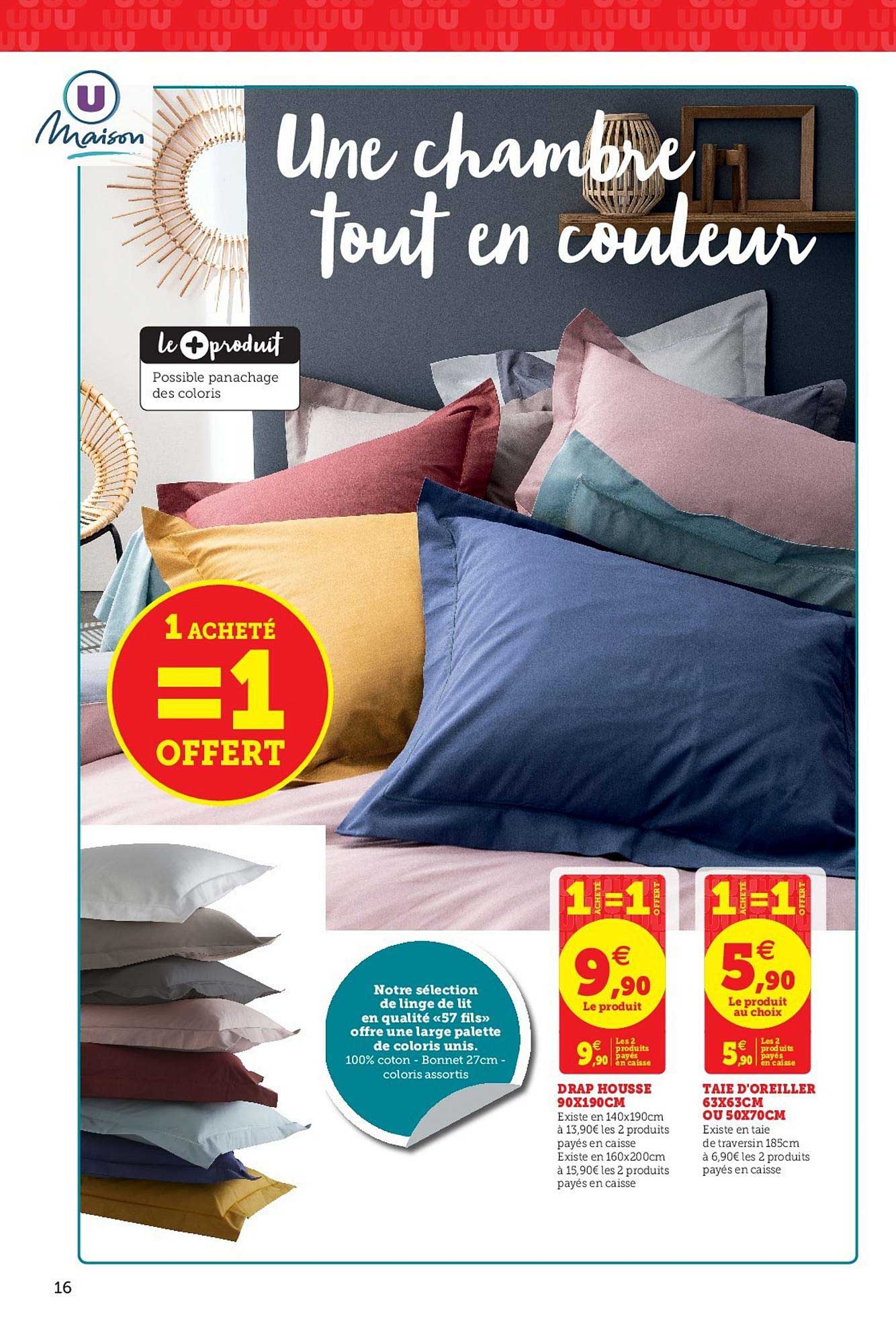 drap housse 90x190cm taie d'oreiller 63x63cm ou 50x70cm 1 acheté = 1 offert