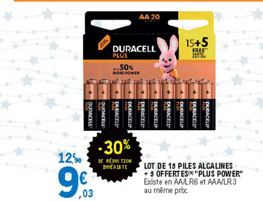 lot de 15 piles alcalines + 5 offertes "plus power"