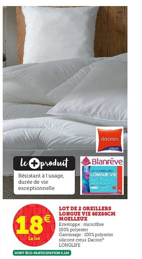 lot de 2 oreillers longe vie 60x60cm moelleux