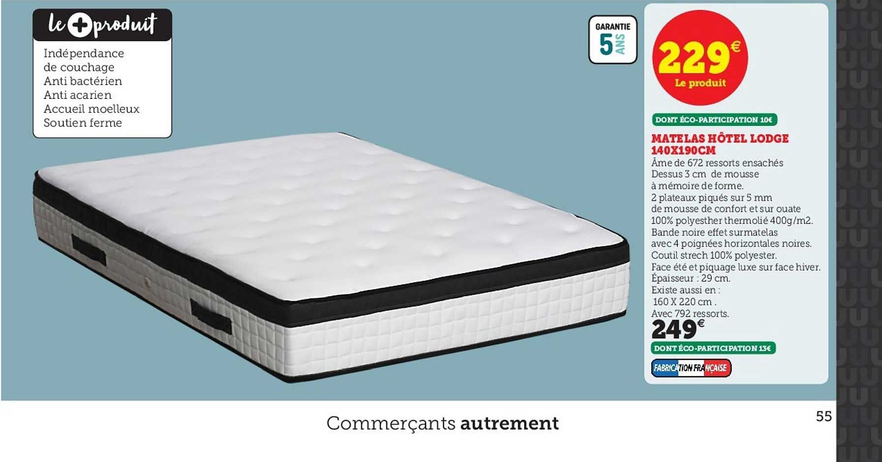 matelas hôtel lodge 140x190cm