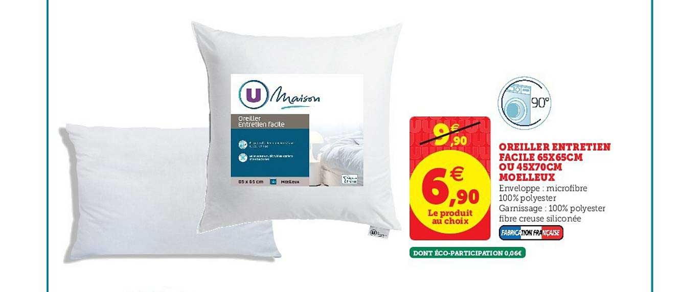 oreiller entretien facile 65x65cm ou 45x70cm moelleux