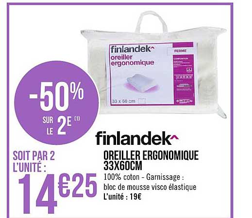 oreiller ergonomique 33x60cm finlandek -50% sur le 2e