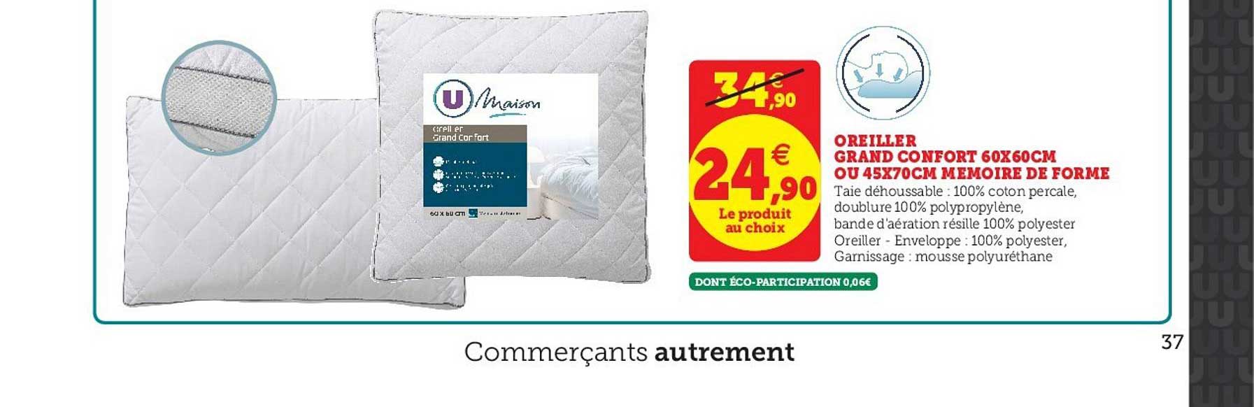 oreiller grand confort 60x60cm ou 45x70cm mémoire de forme