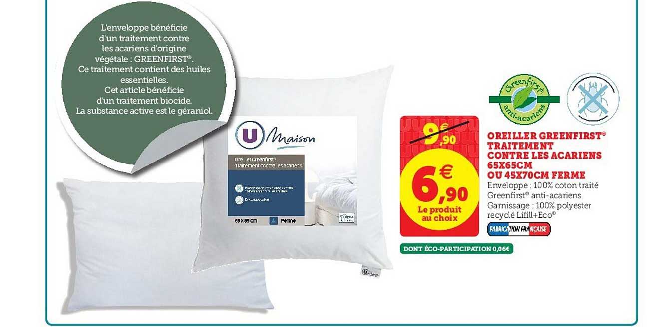 oreiller greenfirst traitement contre les acariens 65x65cm ou 45x70cm ferme