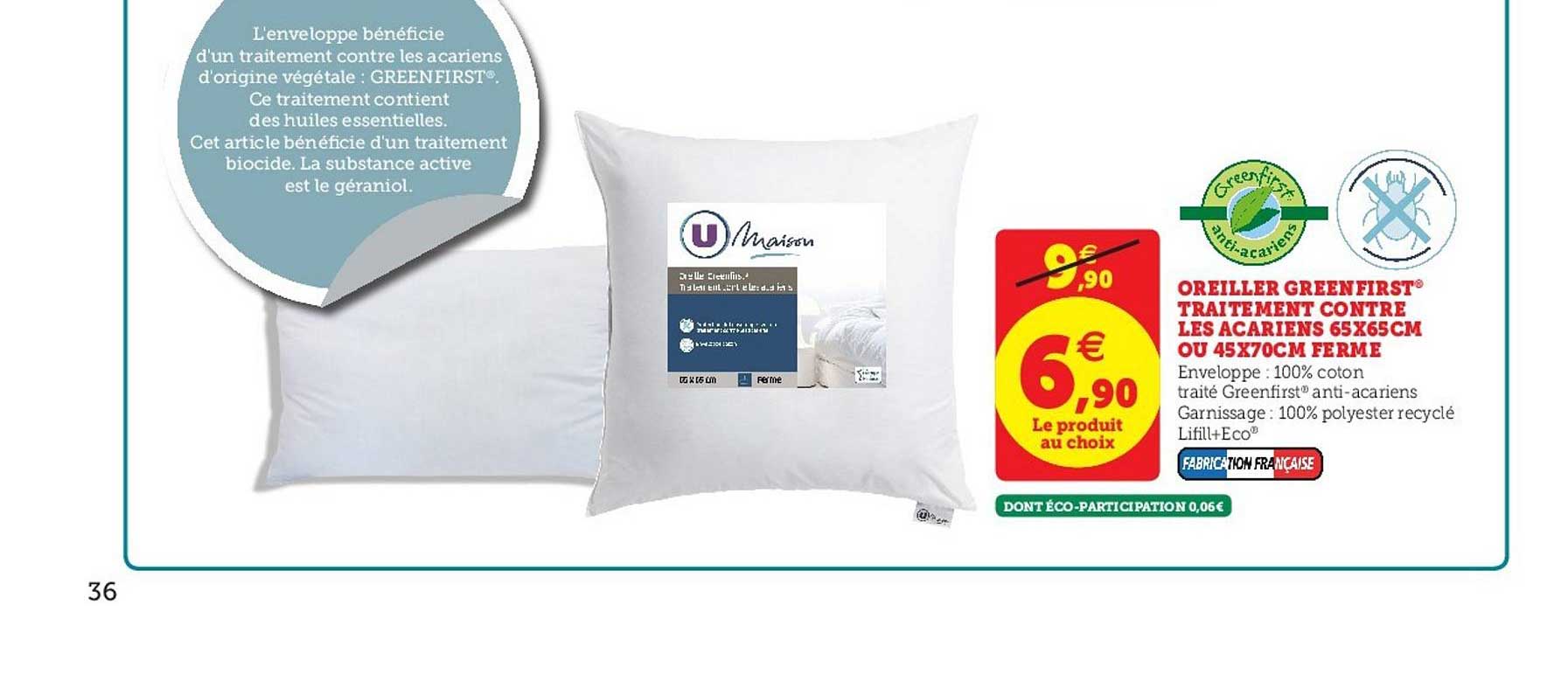 oreiller greenfirst traitement contre les acariens 65x65cm ou 45x70cm ferme