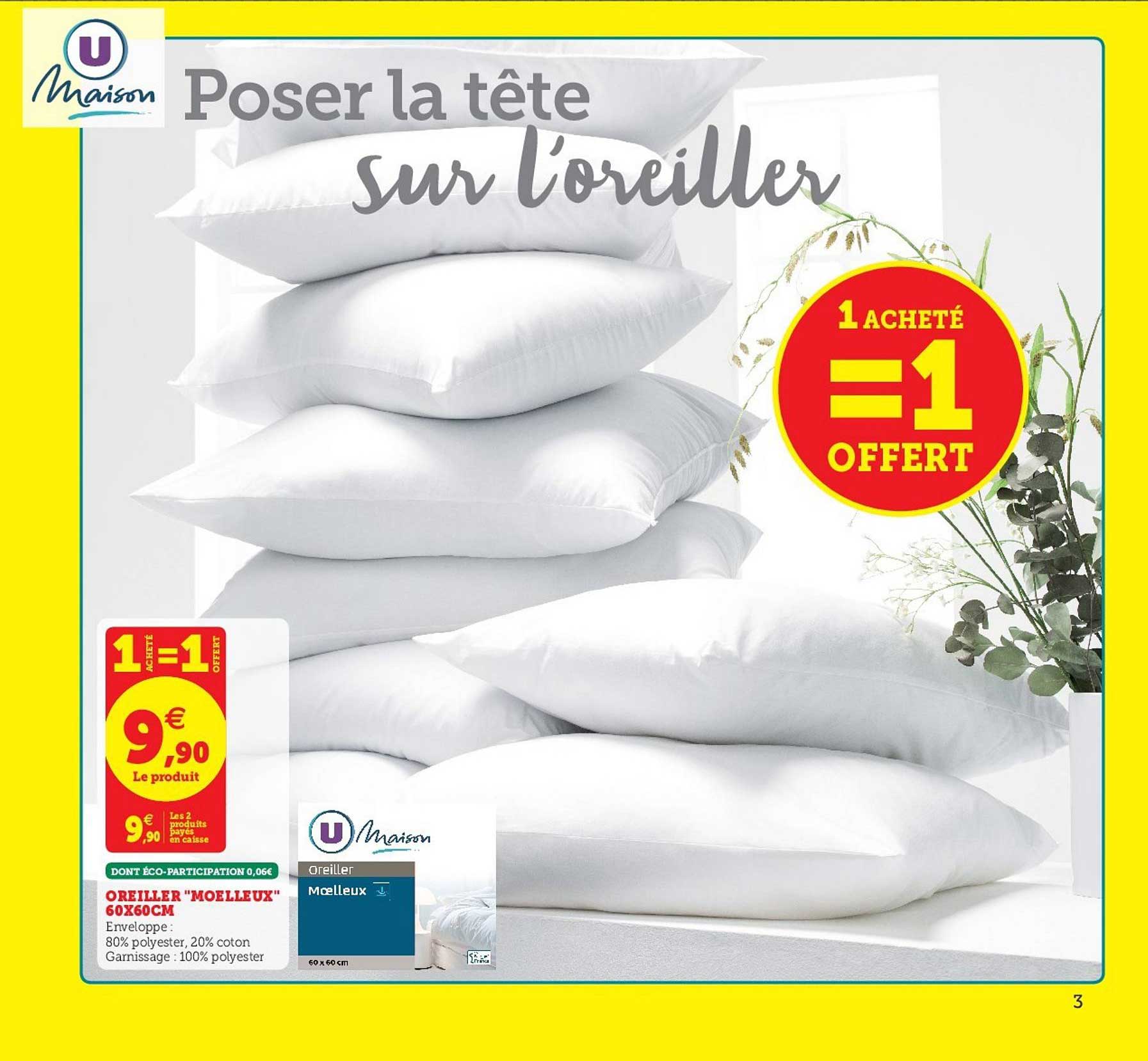 oreiller moelleux 60x60cm 1 acheté = 1 offert